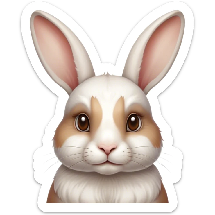 Cinematic Noble White and Brown Rabbit Portrait Emoji, Poised and regal, with a balanced, compact build and a beautifully patterned fur of pristine white accented by rich brown patches, long, alert ears and deep-set soulful eyes, Simplified yet sharp and sophisticated features, highly detailed, glowing with a soft, dignified glow, high shine, intelligent and gentle, stylized with an air of refined charm, focused and attentive, soft glowing outline, capturing the essence of a watchful and confident companion, so majestic it feels as though it could hop out of the screen with effortless authority! sticker