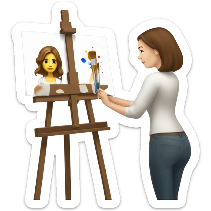 A female Caucasian brown haired artist, painting at an easel with Canvas on the easel sticker