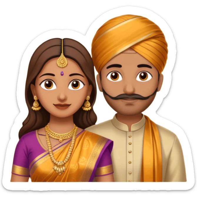 Brown colored South Indian Husband with wheatish colored South Indian wife where Husband does not wear a turban and wife wears a Silk Saree sticker