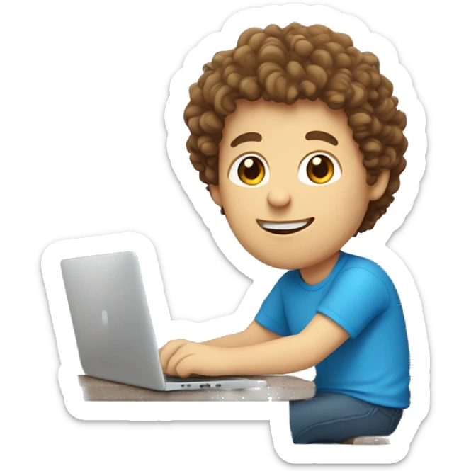 guy with curly brown hair, pale skin, blue t-shirt, sitting at a laptop sticker