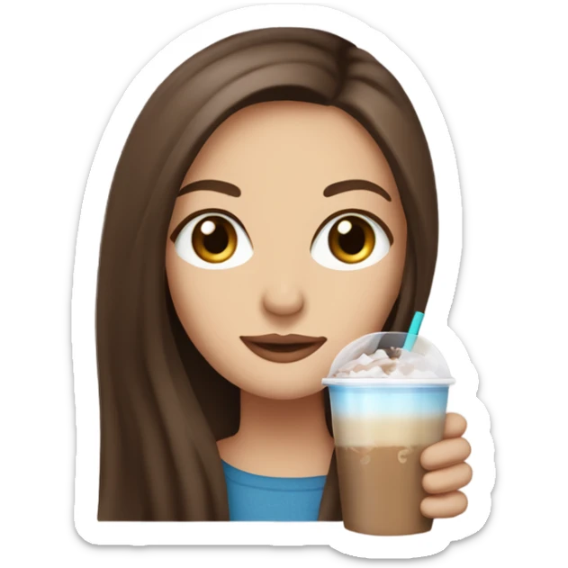 Beautiful woman, long straight brown hair, blue eyes, holding an iced latte sticker
