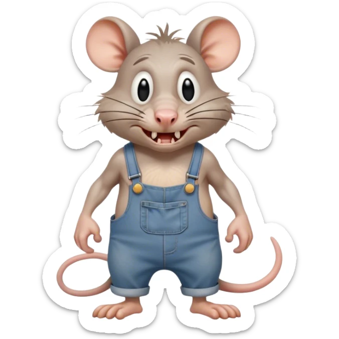  depressed disheveled dizzy cartoon hillbilly rat wearing overalls no shirt. standing and talking full body. human eyes. teeth showing talking. walking talking moving arms. angry expression sad sticker