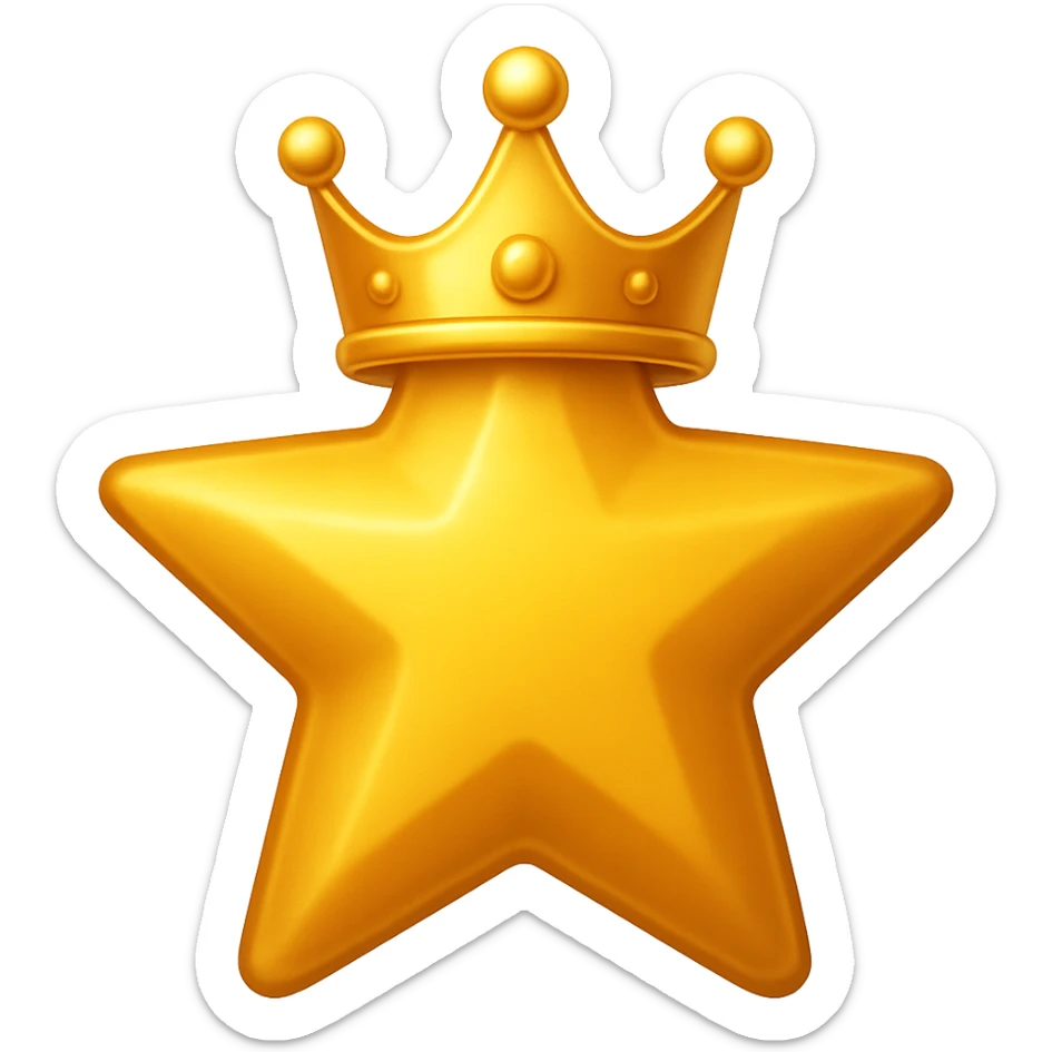 Make the gold star with crown look like a star badge in the style of Apple emojis with a transparent background. Keep the apple emoji style look and feel. sticker