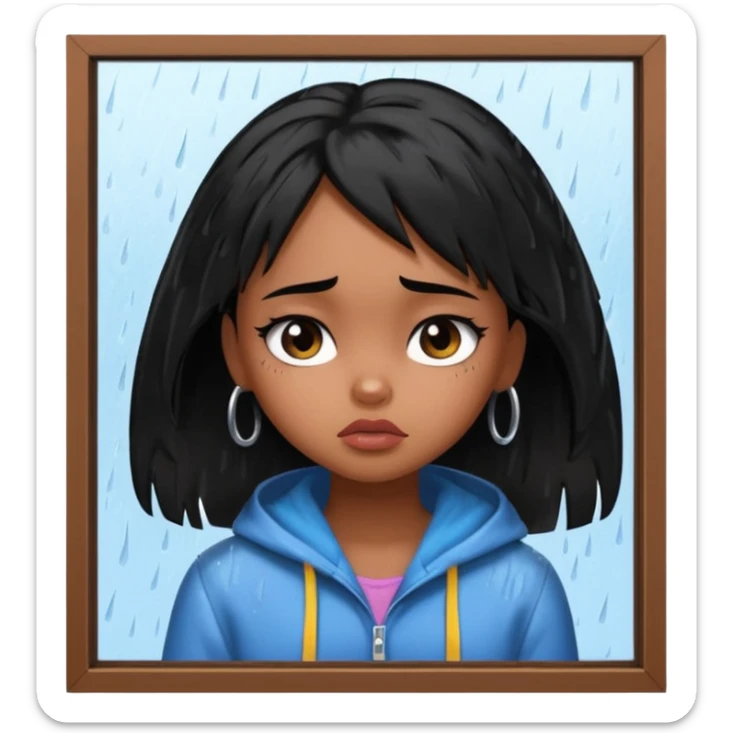 generate a pretty bratz brown skinned girl with messy black hair looking out of the rainy window, looking very sad. SIDE ANGLE sticker