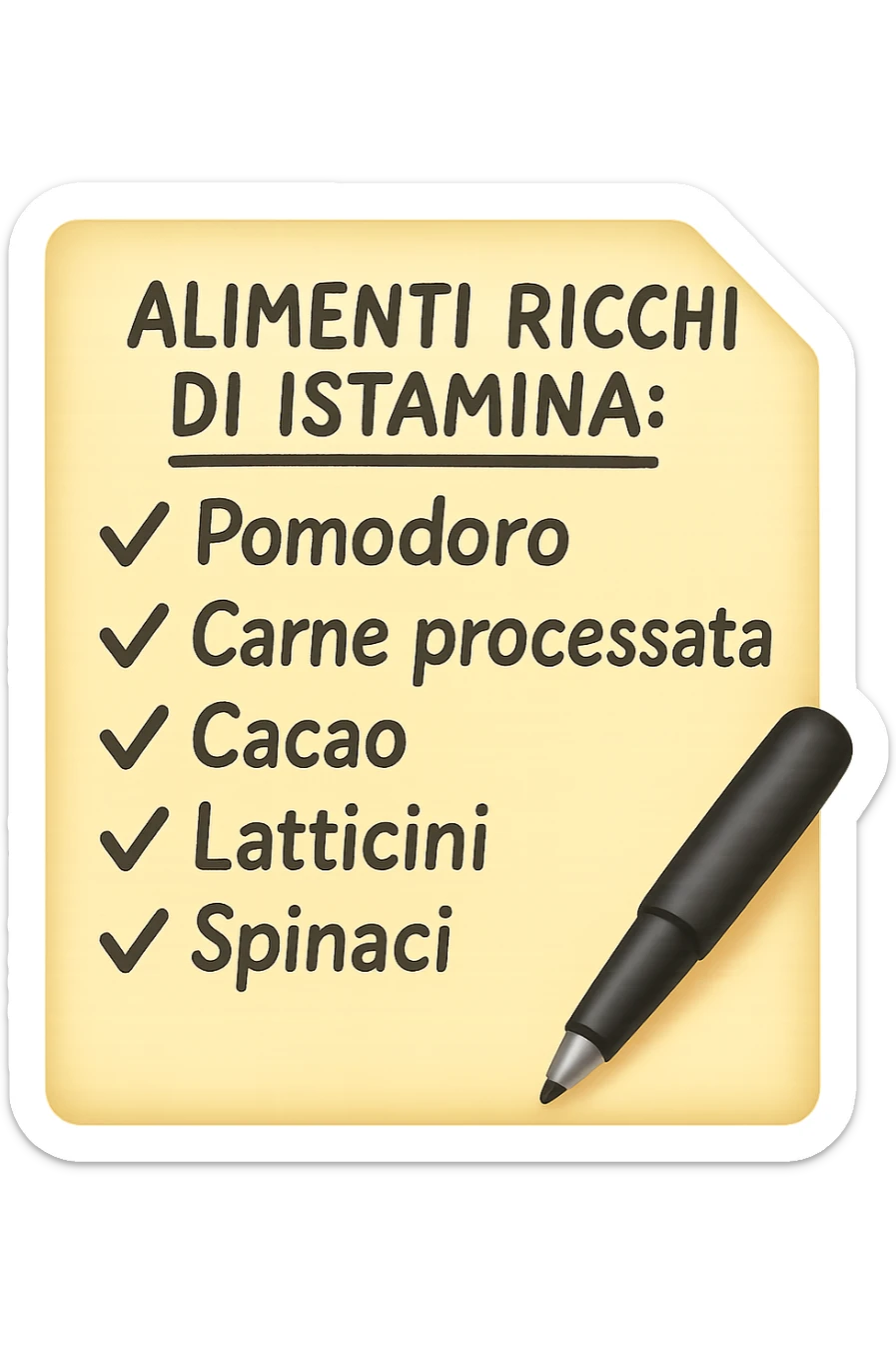 emoji di un foglio di carta con lista di alimenti ricchi di istamina scritti a penna:
ALIMENTI RICCHI DI ISTAMINA:
- Pomodoro
- Carne processata
- Cacao
- Latticini
- Spinaci sticker