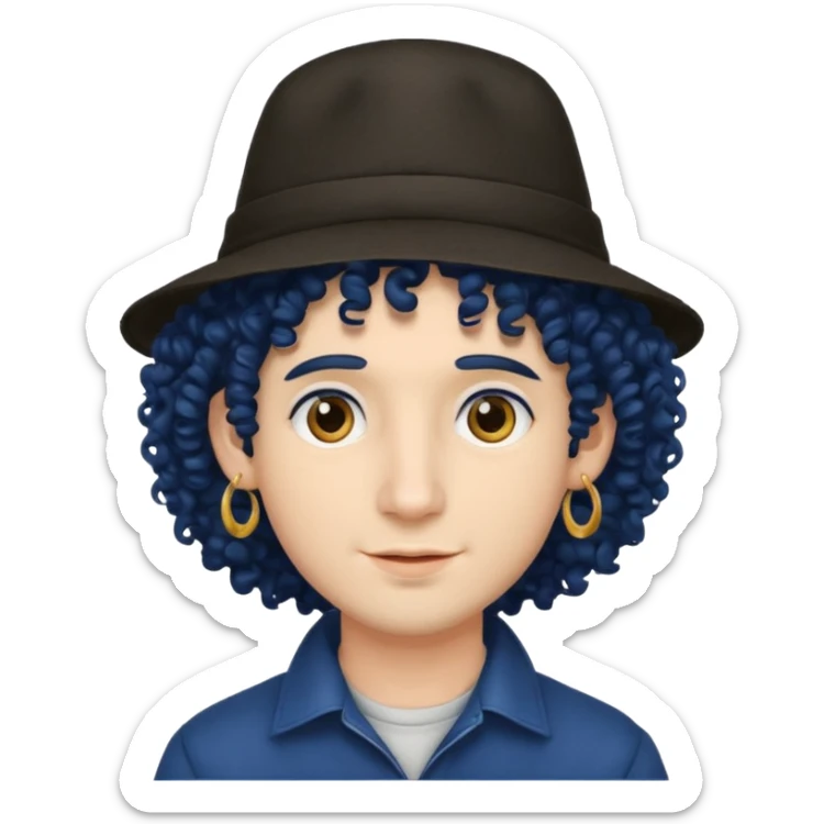 dark blue haired man curly hair and big earrings and and hat wearing sticker