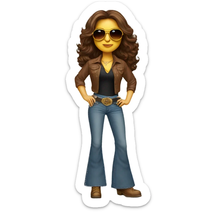 a 70's rockstar woman with bell-bottoms, long brown hair, hazel eyes, a t-shirt tucked into the bell bottom jeans and a belt. She is wearing aviators  sticker