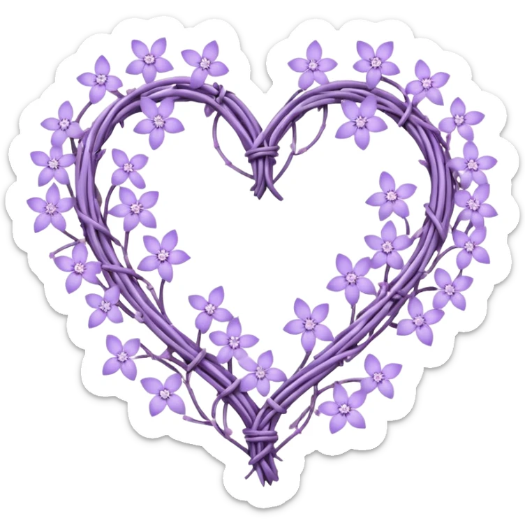 heart shape made out of barb wire vines with pastel lavender flowers and lilac flowers adorning the border with crystals hanging  sticker