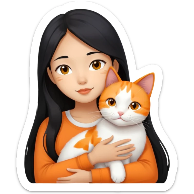 Oriental Asian girl with long black hair snuggling with an orange and white cat, cat is mostly white with orange patches, the girl is holding the cat lovingly sticker