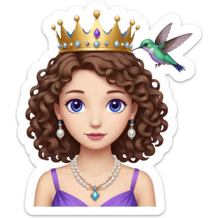 Crie dez figuras de uma menina de cabelos crespos até os ombros o cabelo castanha olhos azuis. Uma coroa na cabeça uma roupa roxa com um colar de pérolas. Com um beija flor do lado. sticker