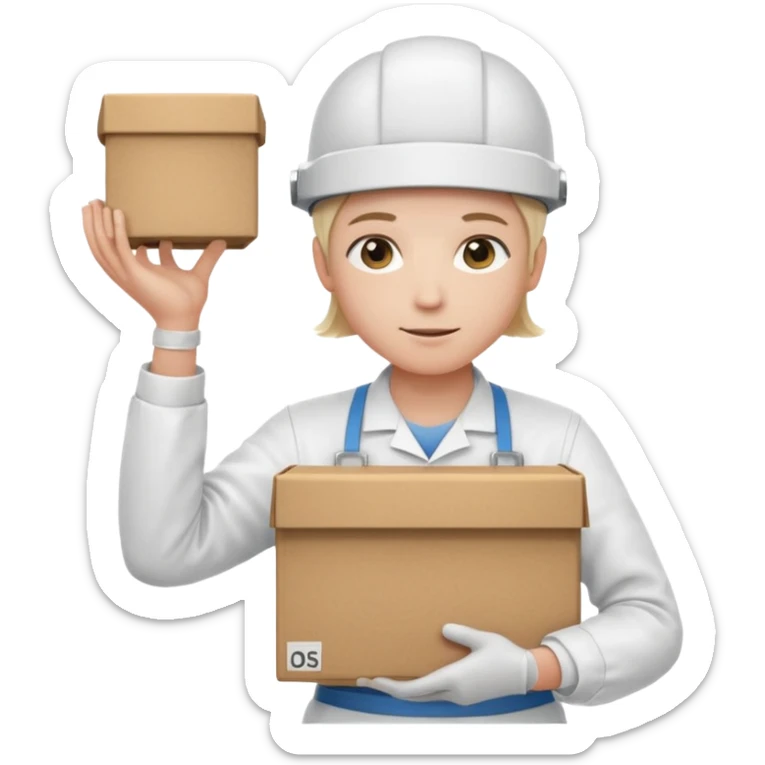 Tengo que dar una capacitacion de orgonomia, necesito un emoji de un operario con casco blanco y delantal blanco de manga larga que levante una caja cerrada con las dos manos a la altura de los hombros. Que tenga un delantal de laboratorio no de coina  sticker