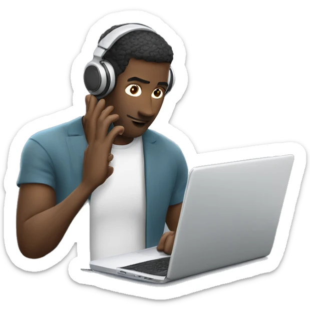 man in headphones talking hold laptop and phone only upper part of body  sticker