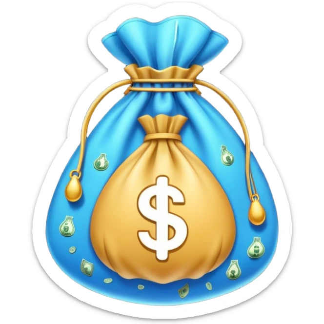 Minimal line-art icon of a money bag with sparkles around it, clean modern style, simple outlines, slight 3D, no background, transparent, represents clean and ethical income. sticker
