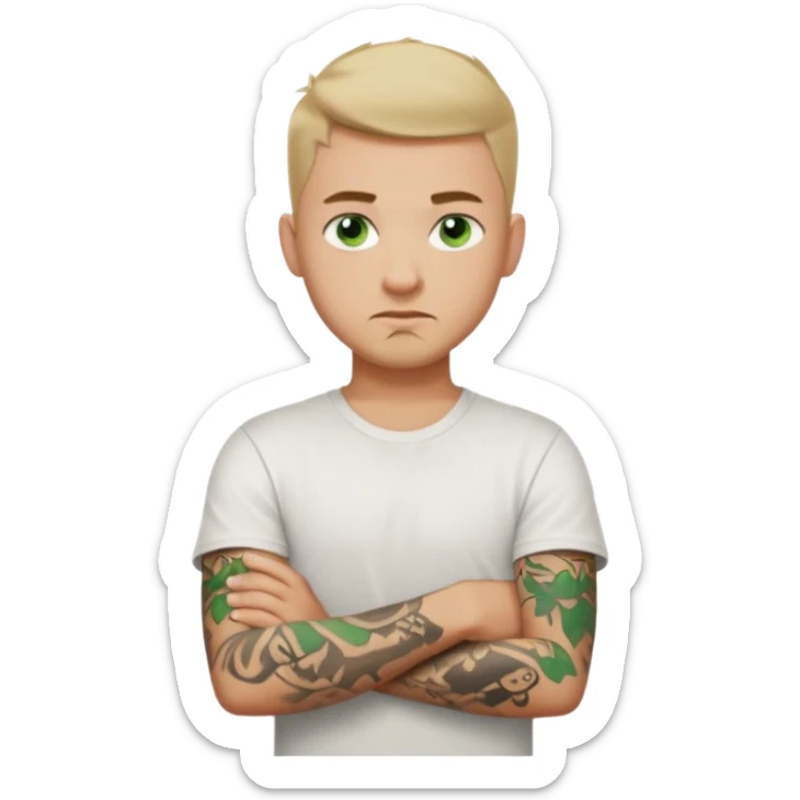 White young man with short dark taper fade hair cut and slight goatee and neutral expression with his arms folded. Green eyes and arm tattoos sticker