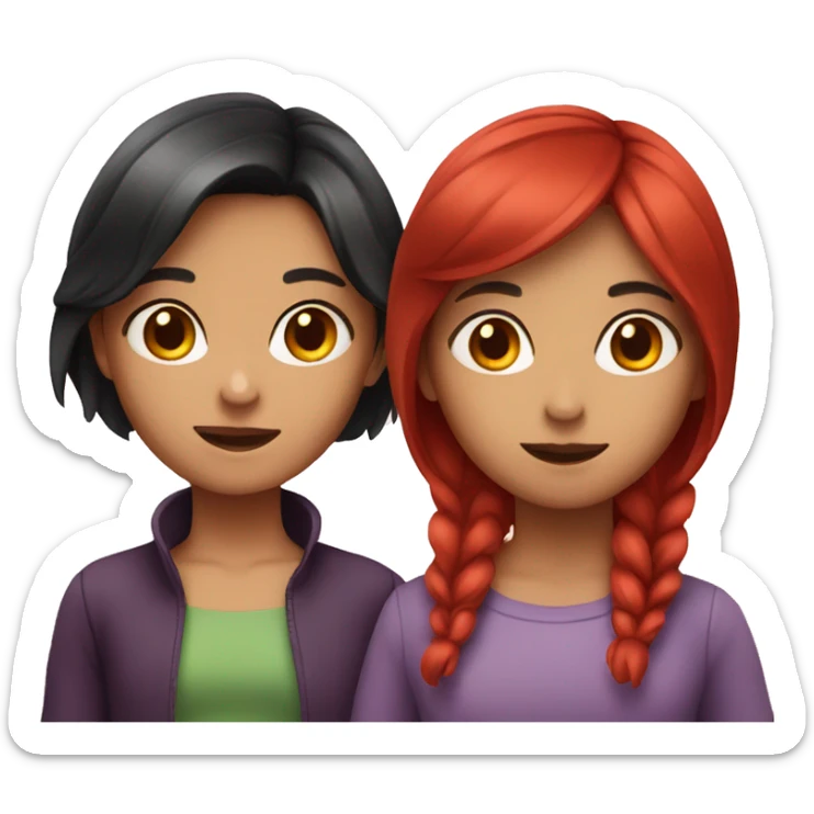 two girls, one with dark hair, the other with red hair sticker