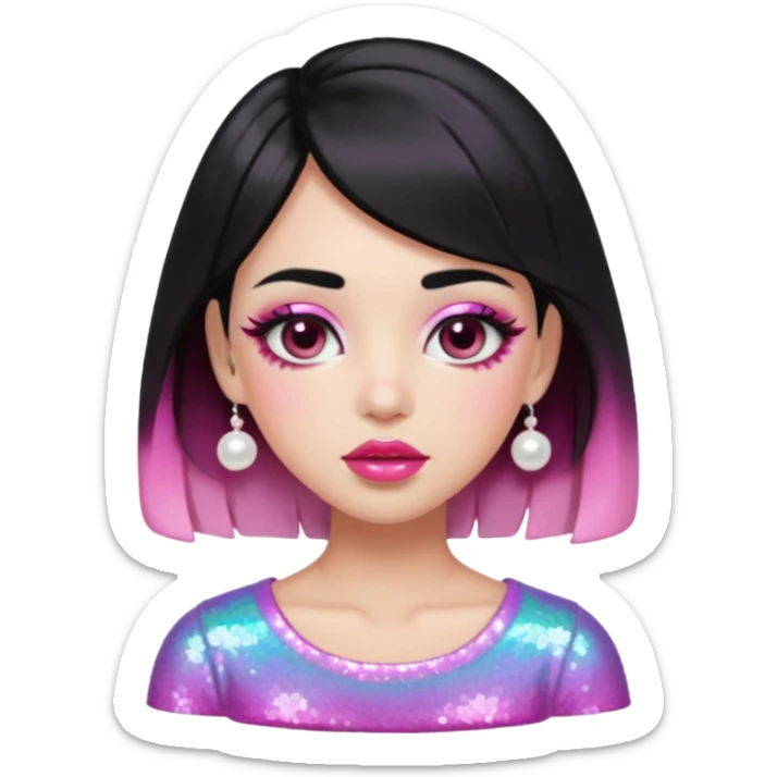 “black hair Emoji girl, glossy pink eyelids, ombré cherry lips, soft contour, subtle glitter under eyes, pearl hair clips, trendy hairstyle, iridescent modern top.” sticker