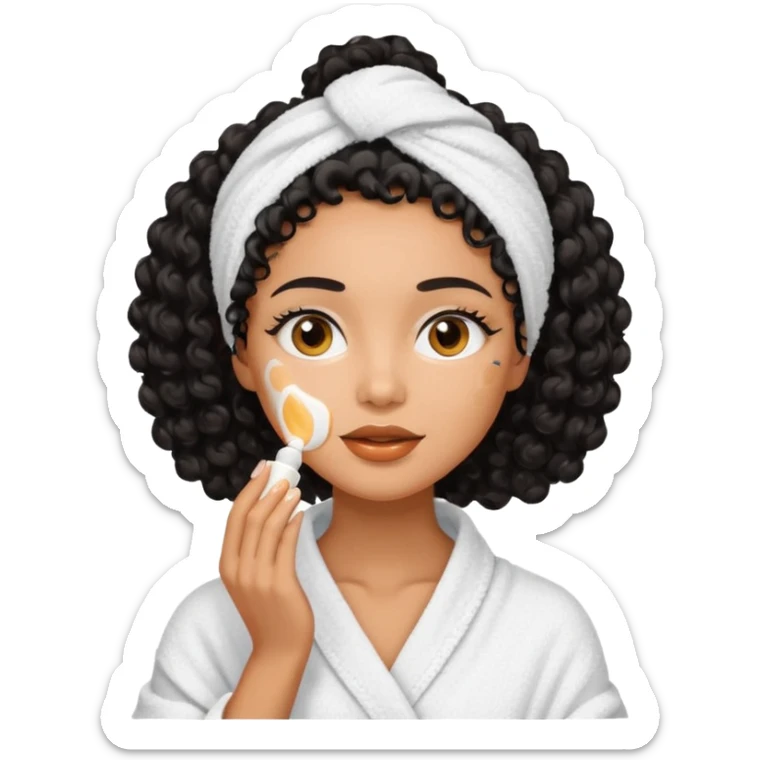 Mixed-race woman with glowing caramel skin and black curly hair, in a white towel wrap, applying face cream in front of a soft pastel background sticker