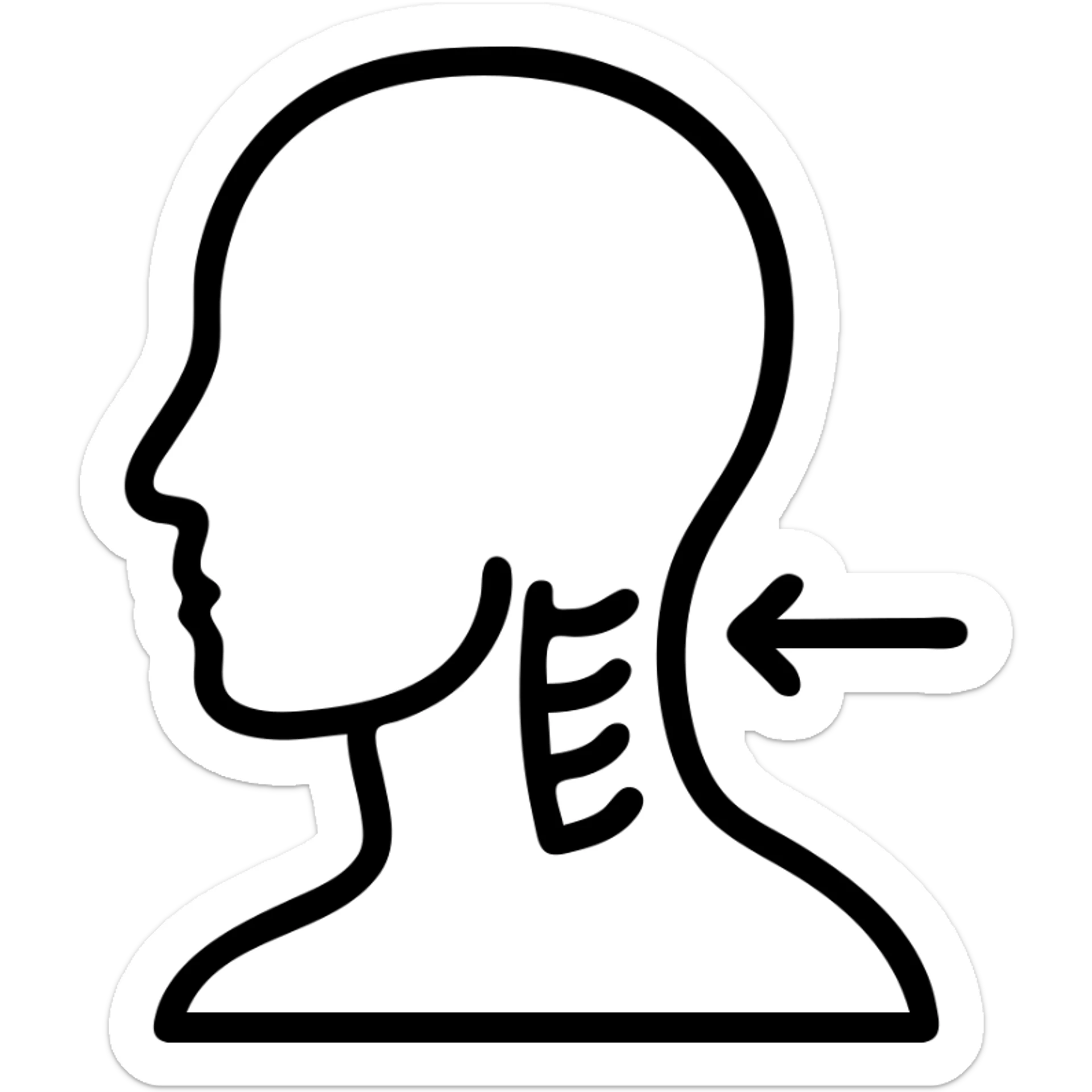 anatomical neck illustration with part of the head and a clear arrow pointing to the neck, clean and simple medical style, minimalist line art icon sticker