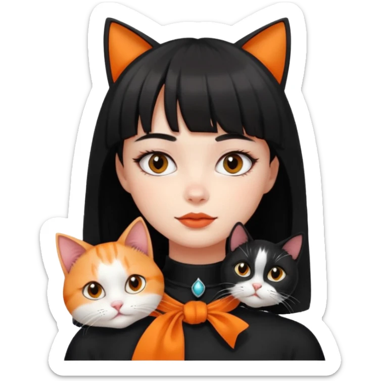 a girl with a short black curtain bangs hair and with her 2 cat color white black cat and orange white cat laying on her neck sticker
