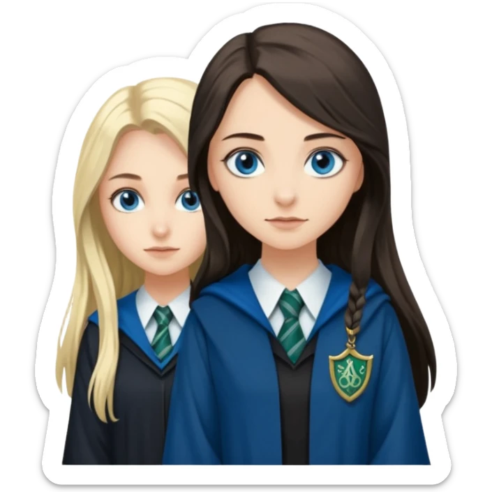 a pretty ravenclaw girl with long dark brown hair and blue eyes standing with a hot Slytherin girl with long blonde hair, blue eyes sticker