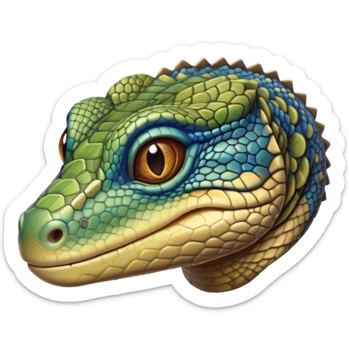 cinematic-realistic-cute-monitor-lizard-portrait-emoji,-head-tilted-playfully-and-inquisitively,-featuring-a-compact,-agile-body-with-finely-detailed,-glossy-scales-in-earthy-olive-hues-and-a-distinct,-alert-face-with-bright,-curious-eyes, blue , brown spotted and green multi coloured  scales sticker