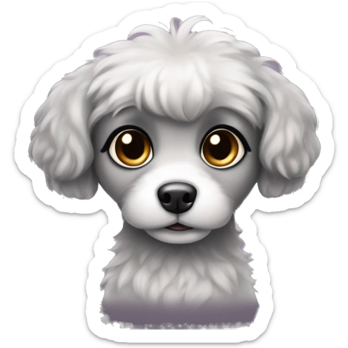 small fluffy grey dog with black ears and dark around big cute eyes and girly sticker