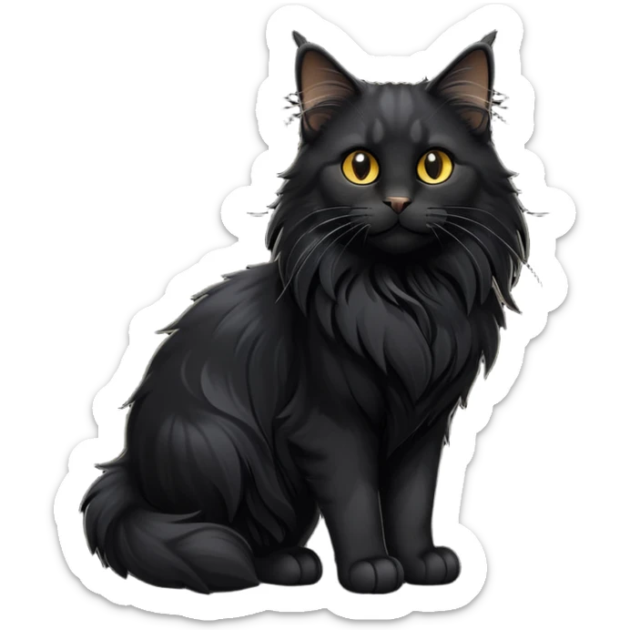 cinematic-black-maine-coon-cat-full-body-on all fours-emoji,-head-tilted-playfully-and-inquisitively,-sleek-solid black-fur,-simplified-yet-adorable-features,-highly-detailed,-glowing-with-a-warm,-friendly-glow -simplified-yet-realistic sticker