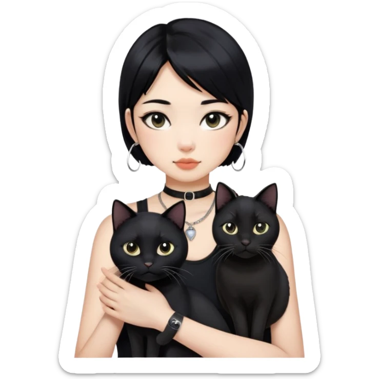 Asian cool girl, black hair, slightly longer than shoulder.  Holding two BLACK cats. one cat has a round fat face, the other one has a slightly slimmer face. Both pure black.  The girl also wearing a black singlet, a black chocker, silver round hook earring, and wearing eyeliner.  sticker