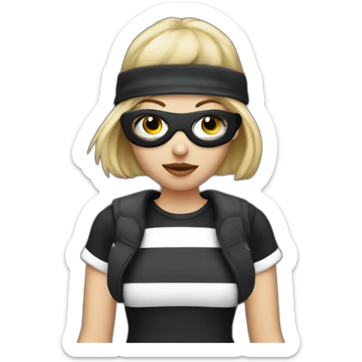 bank robber blonde woman with black beanie hat eye mask and striped shirt sticker