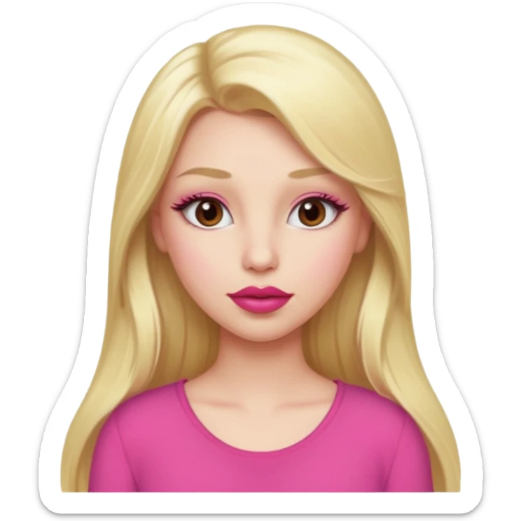 a girl with long eyelashes a pink outfit, long blonde hair, and big lips with red lipstick sticker