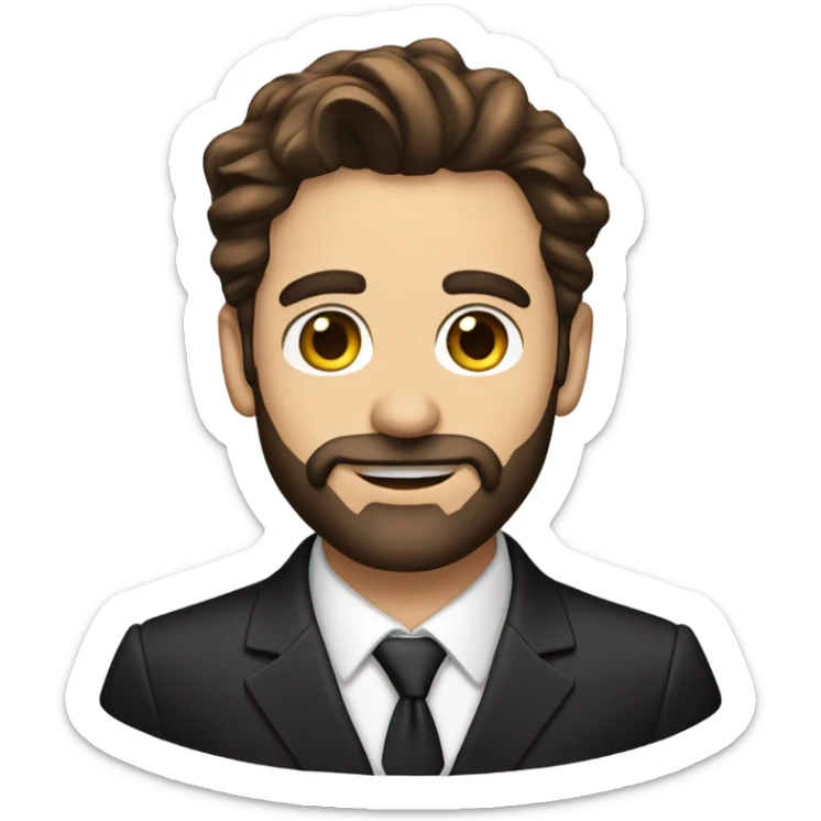 A man in late 30s with brown hair and brown eyes and a black suit and hair to the right and beard sticker