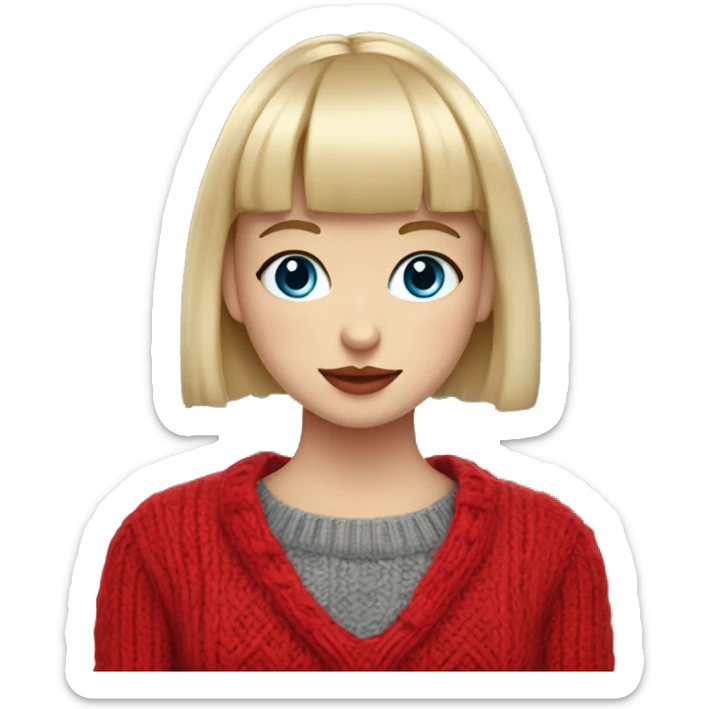 girl with short blonde hair and bangs (a fringe) with blue eyes, long eyelashes and red lipstick in a red cable knit sweater holding a grey cat sticker