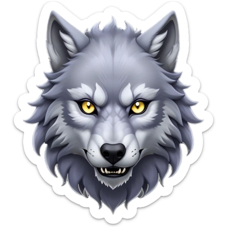 Cinematic Noble Werewolf Portrait Emoji, Formidable and majestic, with a powerful lupine silhouette in moonlit grays and silvers, featuring piercing, wise eyes and a dignified snarl that hints at untamed strength, simplified yet intricately detailed, glowing with a soft, lunar outline that encapsulates the noble duality of feral instinct and loyal guardianship! sticker