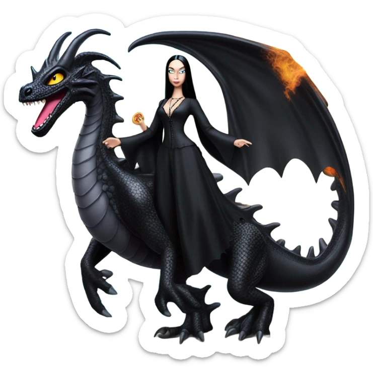  beautifully dressed teen Morticia Addams beach Barbie Jedi flying on the back of a very large black shiny evil-looking fire-spewing dragon. proper scale sticker