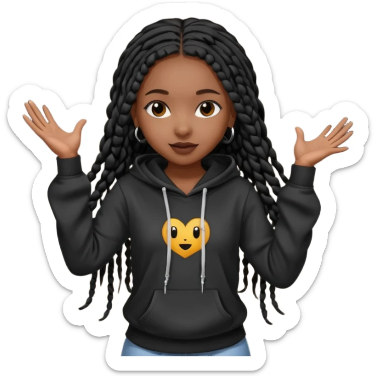 African American gir dark skin complextion a l with long black box braids wearing black Christian hoodie dancing sticker