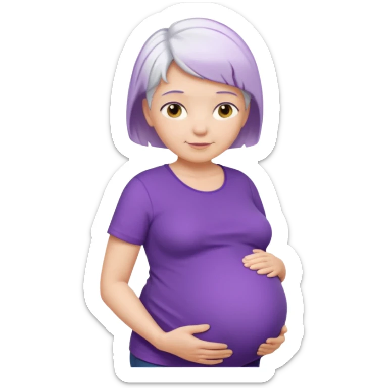pregnant older woman with purple shirt and short white hair, head, neck and abdomen sticker
