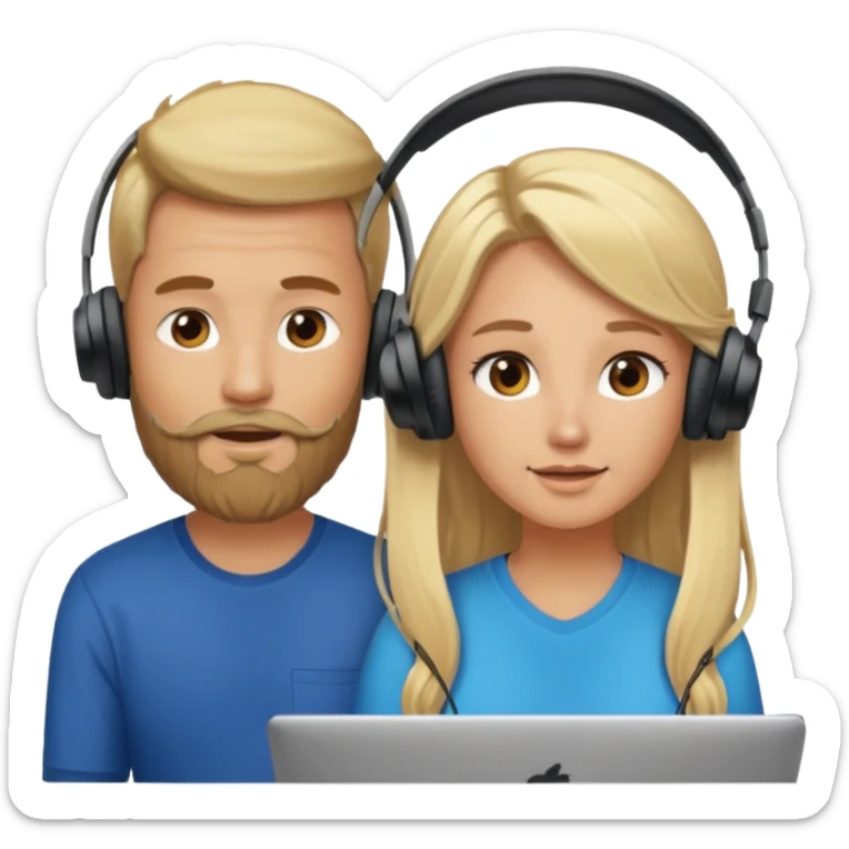 pareja hombre con barba y mujer rubia  pelo largo  charlando en streaming con auriculares sticker