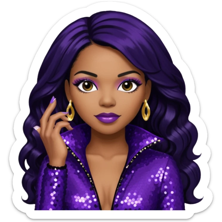 Tenitra Michelle Williams (b.1979), R&B Singer from Destiny's Child with long jet black hair, medium dark skin, dark purple sequin outfit sticker