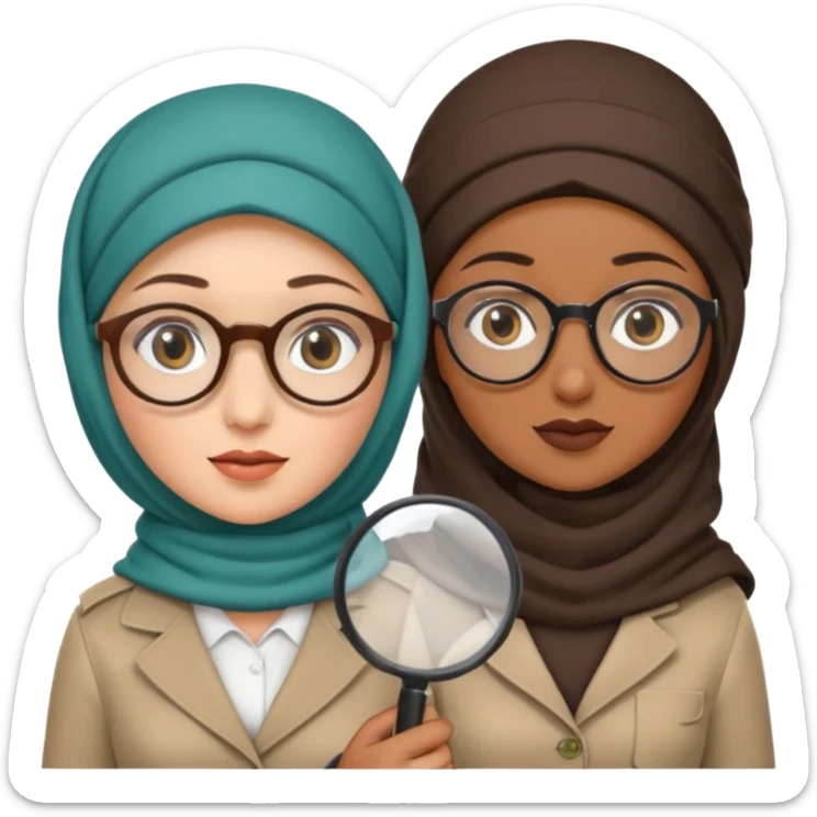 one white woman with hijab and glasses detective + one black woman without hijab and glasses detective  hand lens in one hand, hat etc sticker