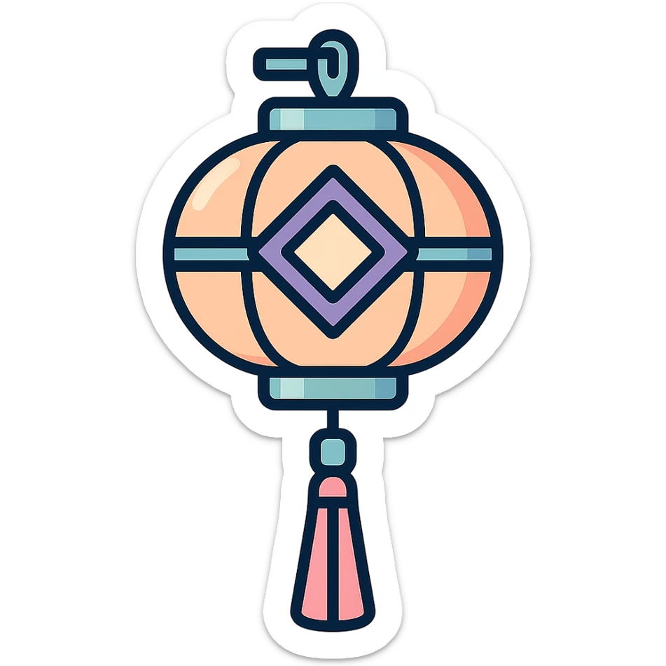Chinese lantern with geometric ornament and tassel, not minimalist, no floral decor, detailed shadows and highlights, thin clean contours, soft rounded shapes, pastel palette #98B5BC, #B5B3C1, #C9A3C9, #E4C0CA, #F7DCD1, #F7C0AA, modern Japanese pop-art and sticker aesthetics, high detail, vector sharpness, soft lighting, transparent background sticker