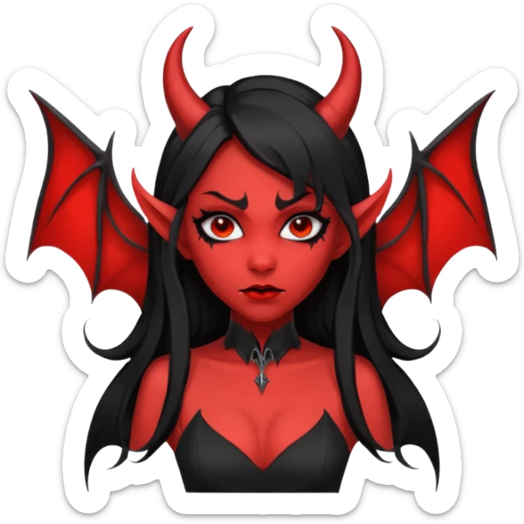 demon girl, skin red , black long hair, small horns, pointed ears, bat wing, black open-back dress, bold black outlines, red+black palette sticker