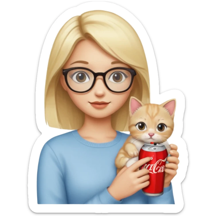 A beautiful girl with blonde hair and glasses holding a kitten in one hand and a Coke in the other sticker