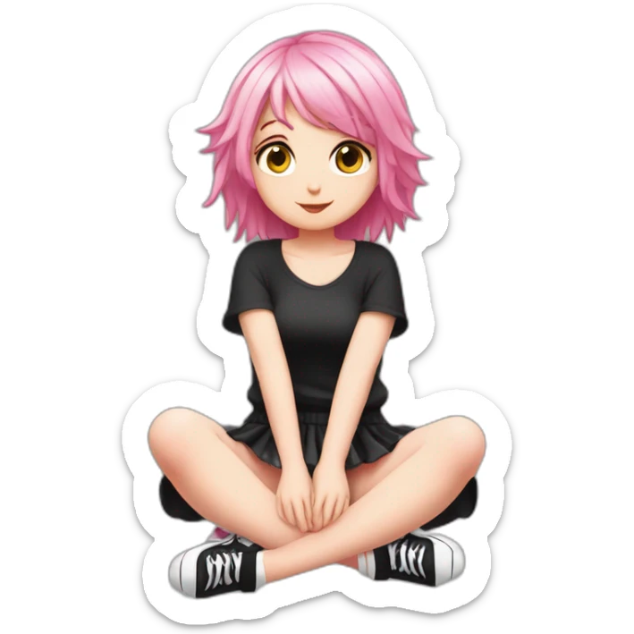 Full body Front view curvy emo girl pink hair sits on the floor straight view hands up black skirt белые трусики рваные полосатые чулки sticker