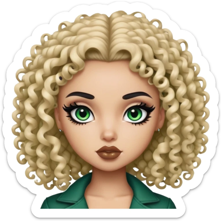 curly dark hair, light skin,  dark green iris, pretty bratz baddie, strong black eyeliner sticker