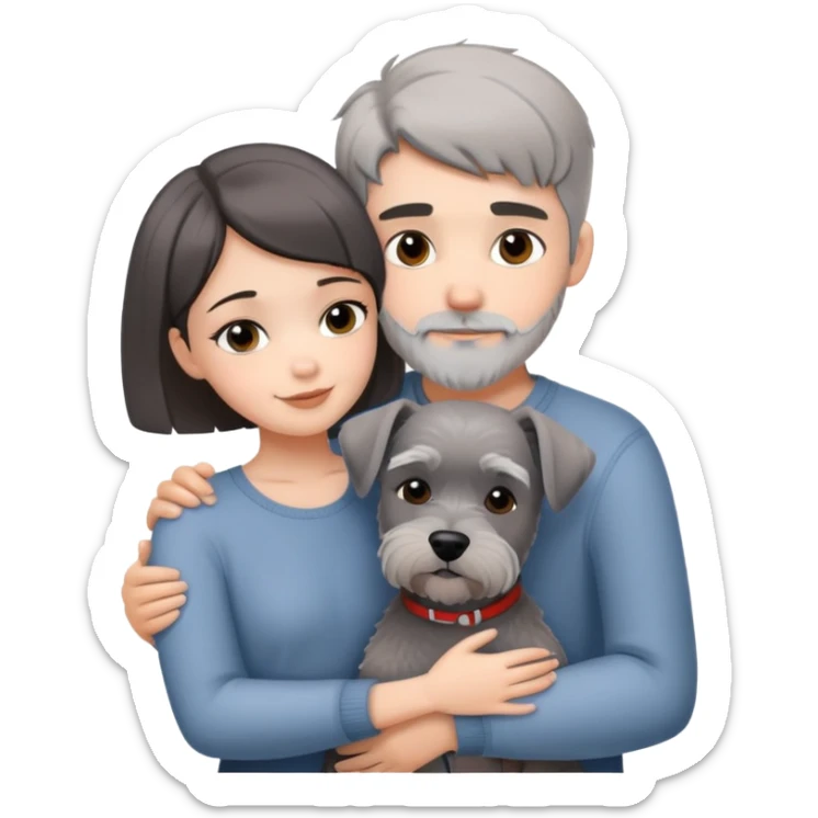 a shorthair girl with boyfriend hugging a grey Schnauzer dog sticker