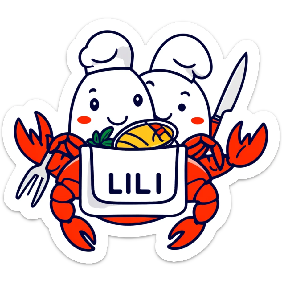 A red lobster with the food bib on the food bib, and there will be another lobster beside it, holding a knife and fork with a food bib that says lil bug ￼ sticker