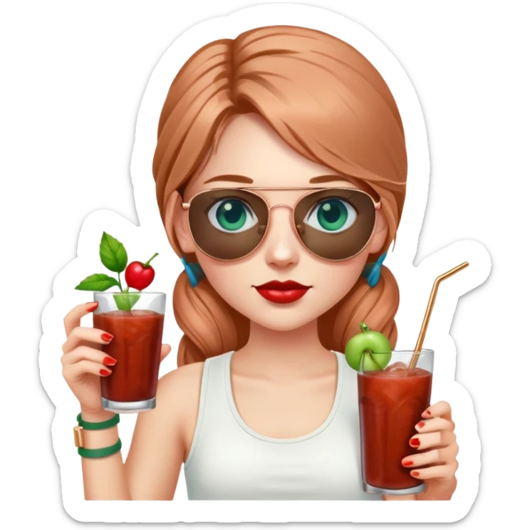 girl with long pig tailed hair
with blue eyes
and aviator sunglasses
wearing white tank top 
holding bloody mary
wearing (rose gold apple watch with forest green band) sticker