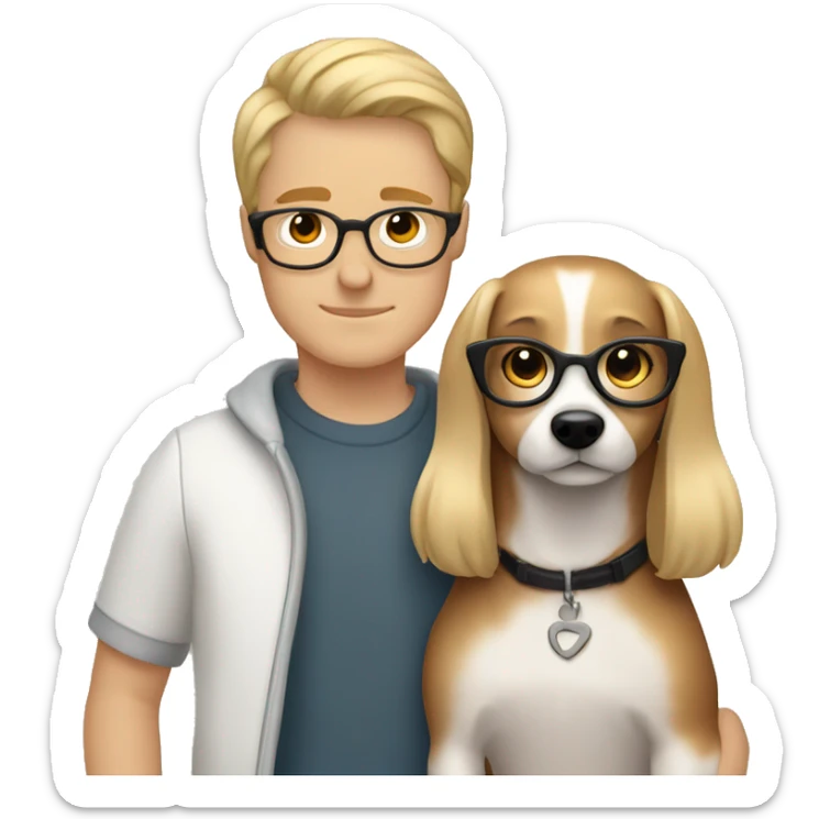 Blonde girl and her white boyfriend with brown hair and glasses cuddling a jack Russell  sticker