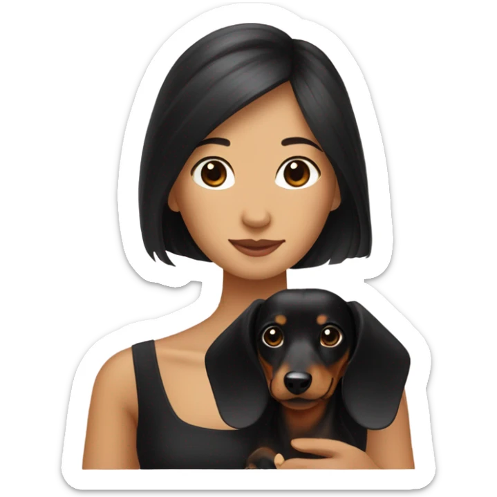 Long-haired dachshund with black-haired Asian girl wearing black dress sticker