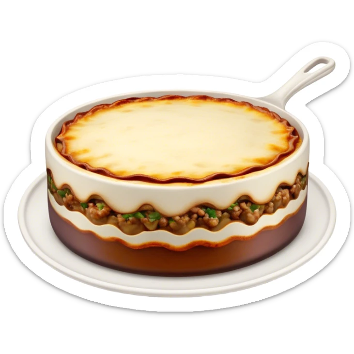 Cinematic Realistic Moussaka Dish Emoji, depicted with layers of eggplant, minced meat, and b√©chamel sauce rendered with rich textures and warm, inviting lighting that captures its Mediterranean flavor. sticker